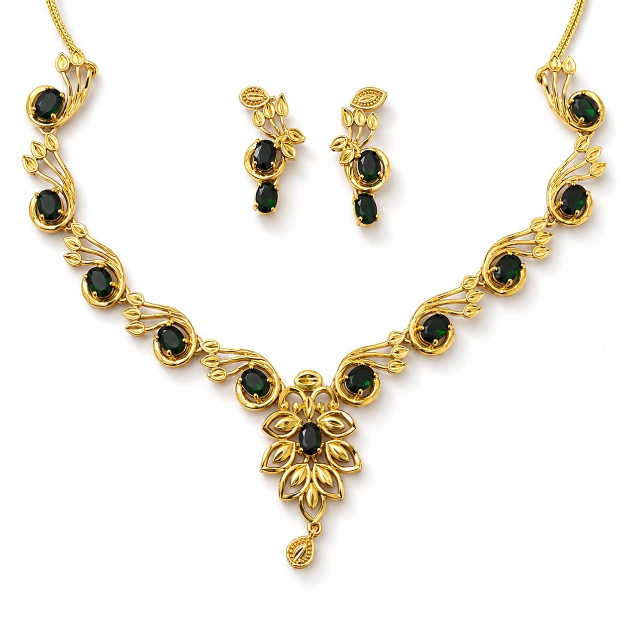 Green Gold-Plated Floral Stone Necklace Set